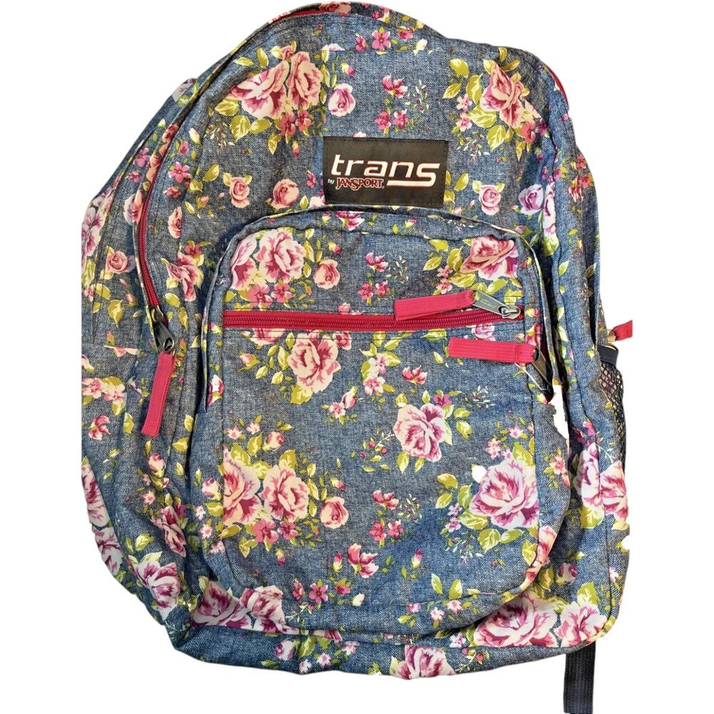 Trans by JanSport Supermax 17" Backpack Blue Denim Floral Pink Roses Bookbag